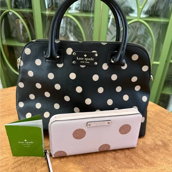 Kate Spade Black and Pink Polka Dot Wellesley Handbag and Neda Wallet Set - Picture 1 of 16